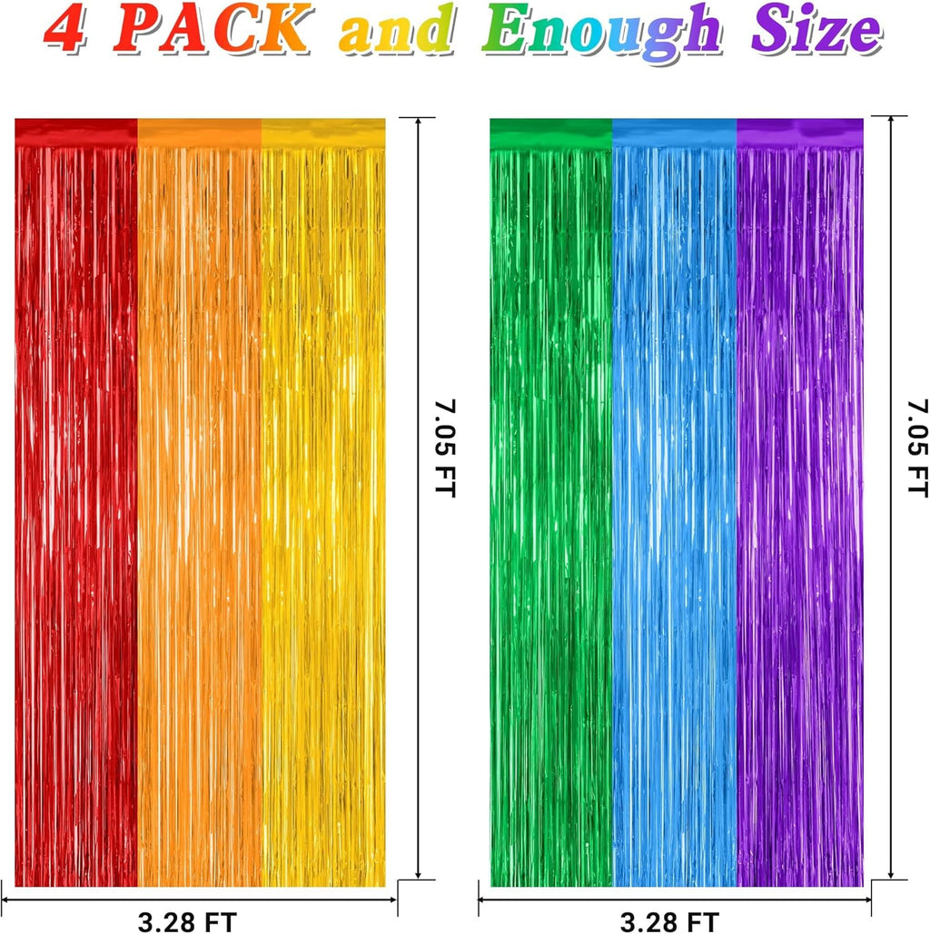 ZATAYE Rainbow Backdrop - 4 Pack Metallic LGBT Party Decor | 3.28 FT x 7.05 FT Tinsel Streamers