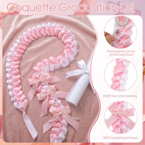JATEBI 9 Pcs Coquette Graduation Leis&Cords Set 59 Inch Pink Ribbon Lei with Pearl Bows and Patches for 2026 Graduate Gifts
