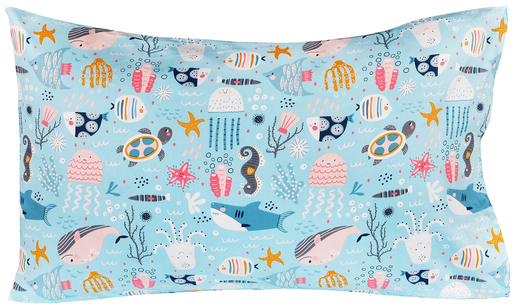 J-pinno Underwater Animals Sea Fishes Turtle Shark Dolphin Twin Sheet Set Gift 100% Cotton Flat Sheet + Fitted Sheet + Pillowcase Bedding Set for Unisex Boys Girls