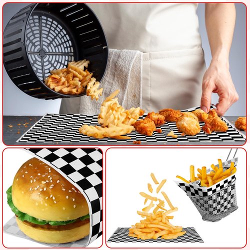 Geosar 100 Pcs Gingham Party Supply Disposable Paper Food Tray Bulk Disposable Food Boat with Checkered Wax Paper Sheet Checkered Wrapping Supply for Carnival Picnic Birthday Party (Black White)
