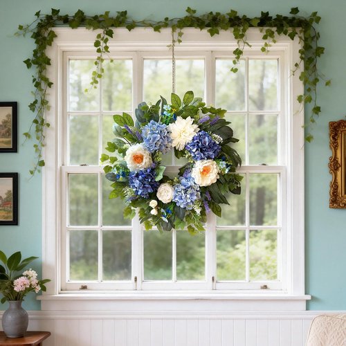 24 Inch Spring Wreaths for Front Door, Spring Summer Door Wreath with Blue Hydrangea White Peony Flower Wreath for All Season Outside Indoor Outdoor Home Porch Wall Decor