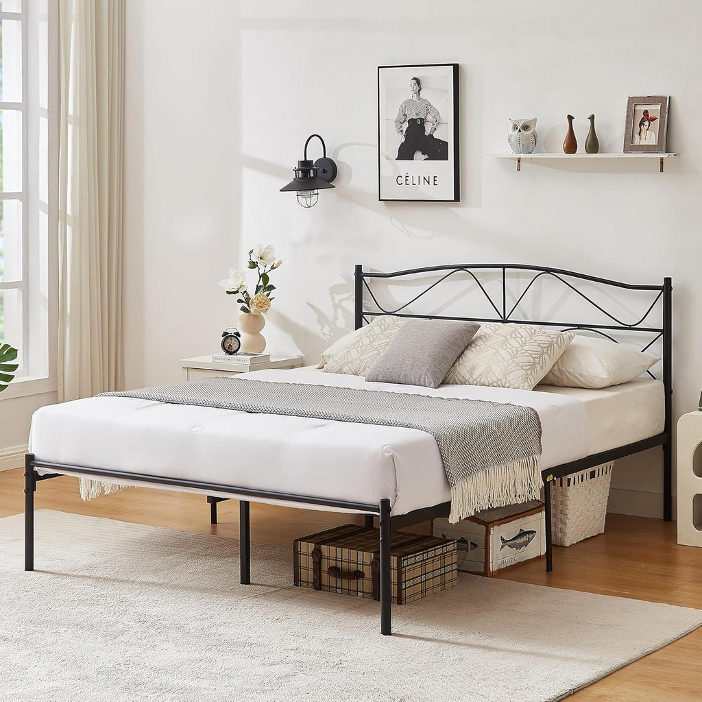 VECELO Full Size Bed Frame, Metal Bed Platform with Headboard, Sturdy Steel Slats Support, No Box Spring Needed/Noise-Free,Easy Assembly, Black