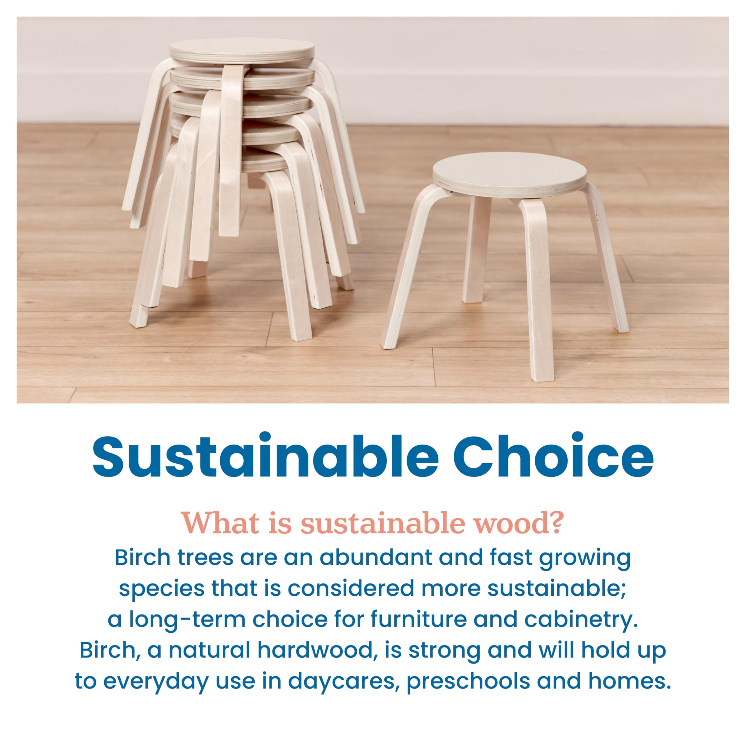 ECR4Kids Bentwood Stackable Stools, 12in Seat Height, Classroom Furniture, White Wash, 6-Piece