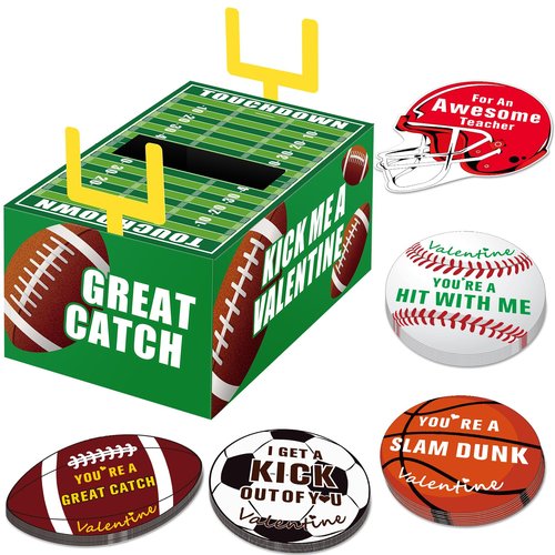 Gloween Valentines Day Boxes and Cards for Kids Classroom School Exchange, Great Valentines Gifts Party Favor Set for Boys Girls - 1 Football Box, 32 Sport Theme Valentine Cards, 1 Teacher Card