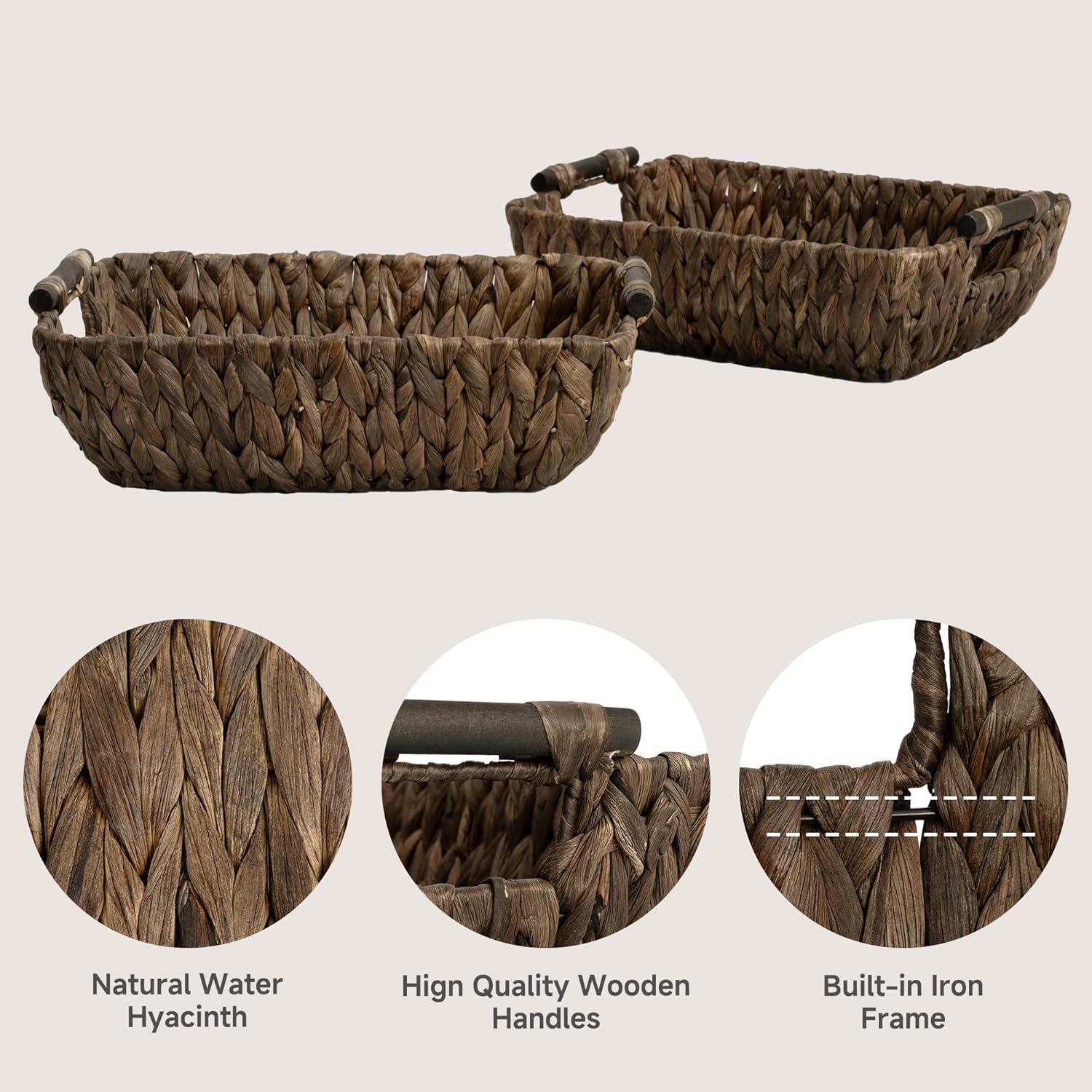 StorageWorks Wicker Baskets - Stylish Organizing Solution with Wooden Handles | Brown, 2-Pack