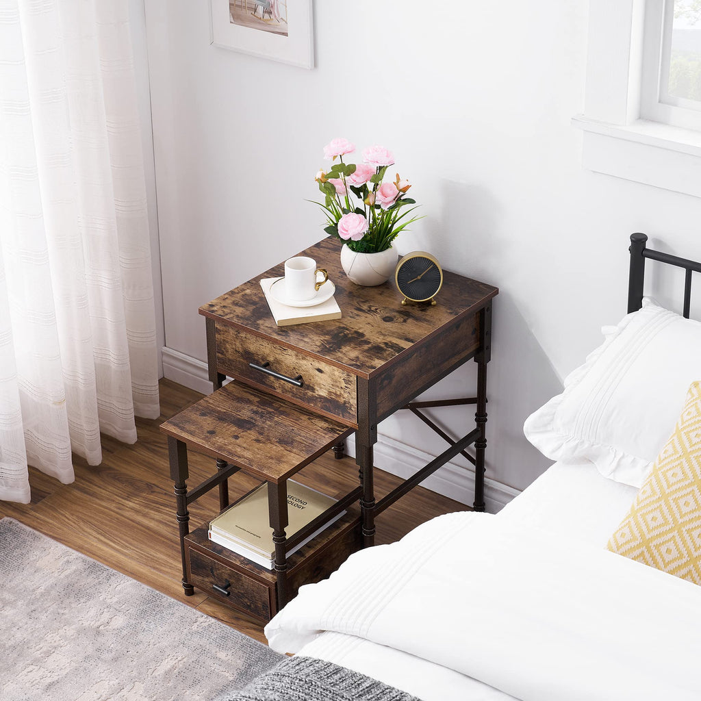 VECELO Vintage Nightstand Set of 2, End/Side Table with Storage Drawer, Stable Frame, BrownG