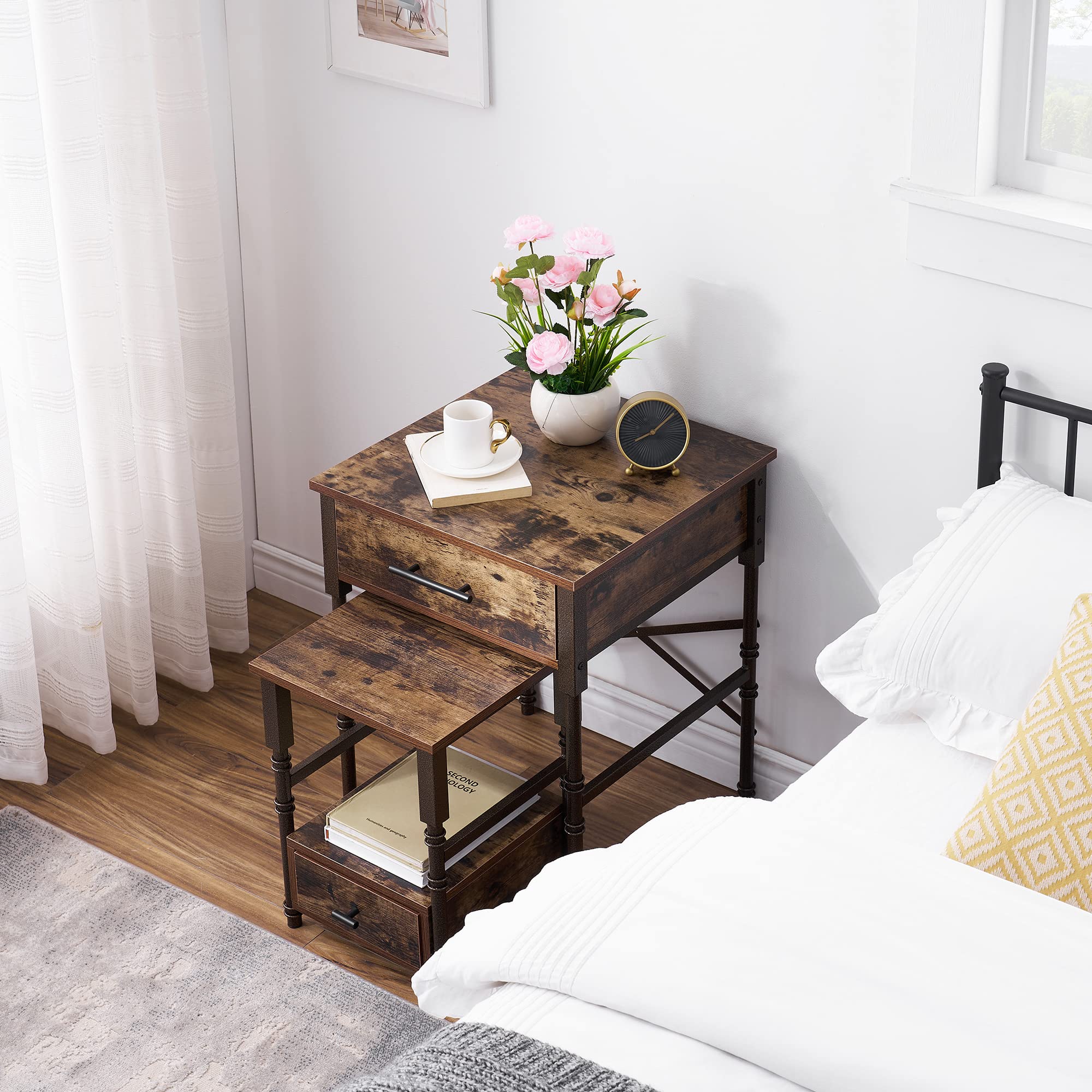 VECELO Vintage Nightstand Set of 2, End/Side Table with Storage Drawer, Stable Frame, BrownG