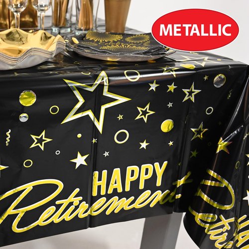 Beistle 2 Piece Metallic Happy Retirement Tablecovers, 54” x 108”, Plastic Party Tablecloths in Black, Gold, Silver