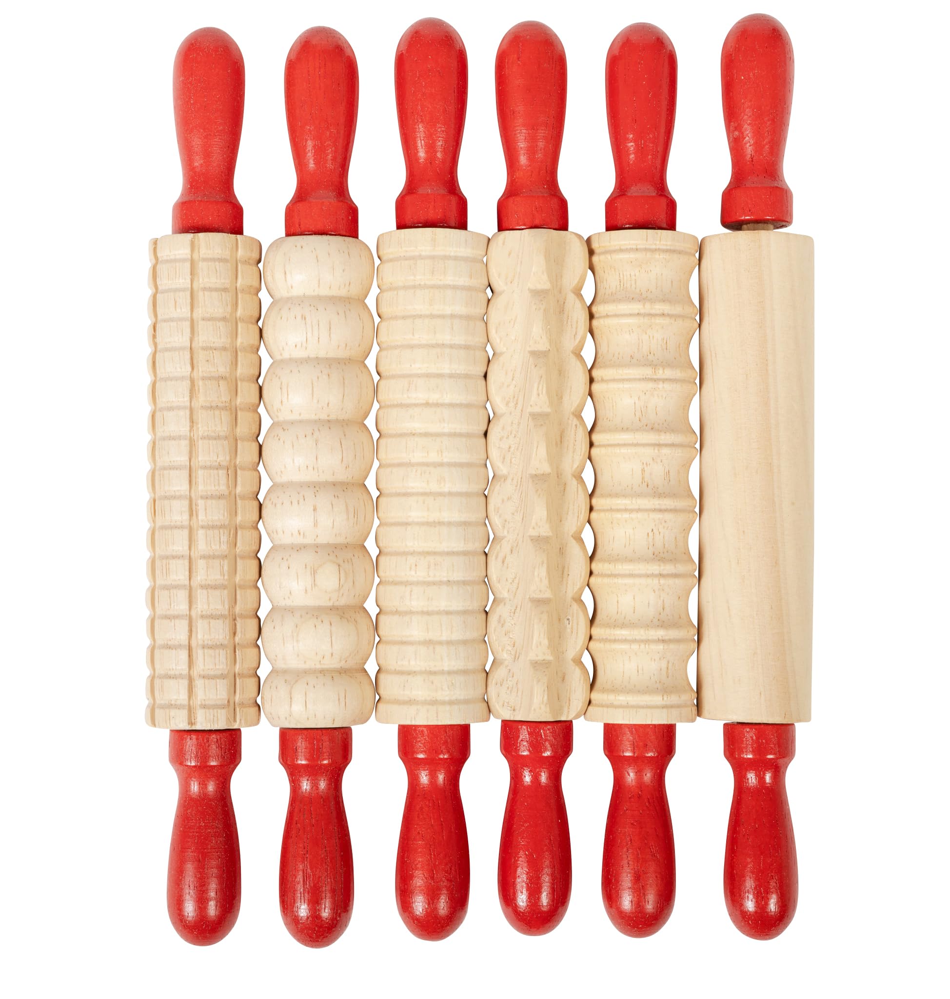 Ready 2 Learn Mini Textured Wooden Rolling Pins | Set of 6 | 7.25 inches | Turning Handles | Rollers for Kids' Dough, Crafts, Imaginative Play