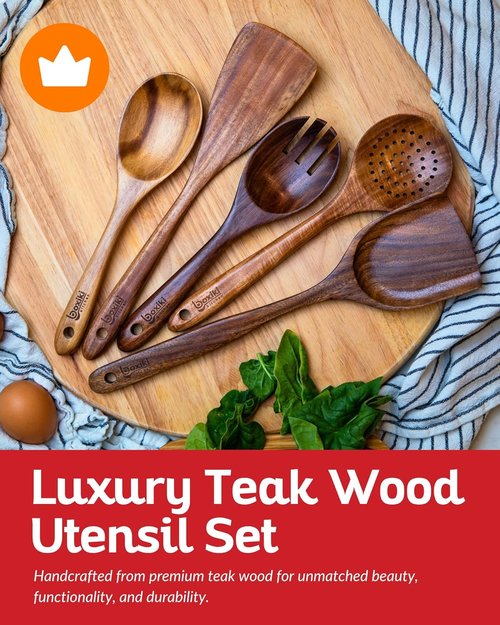 Boxiki Kitchen Luxury Teak Wood Utensil Set | Elegant 6-Piece Cooking Tools for Culinary Excellence