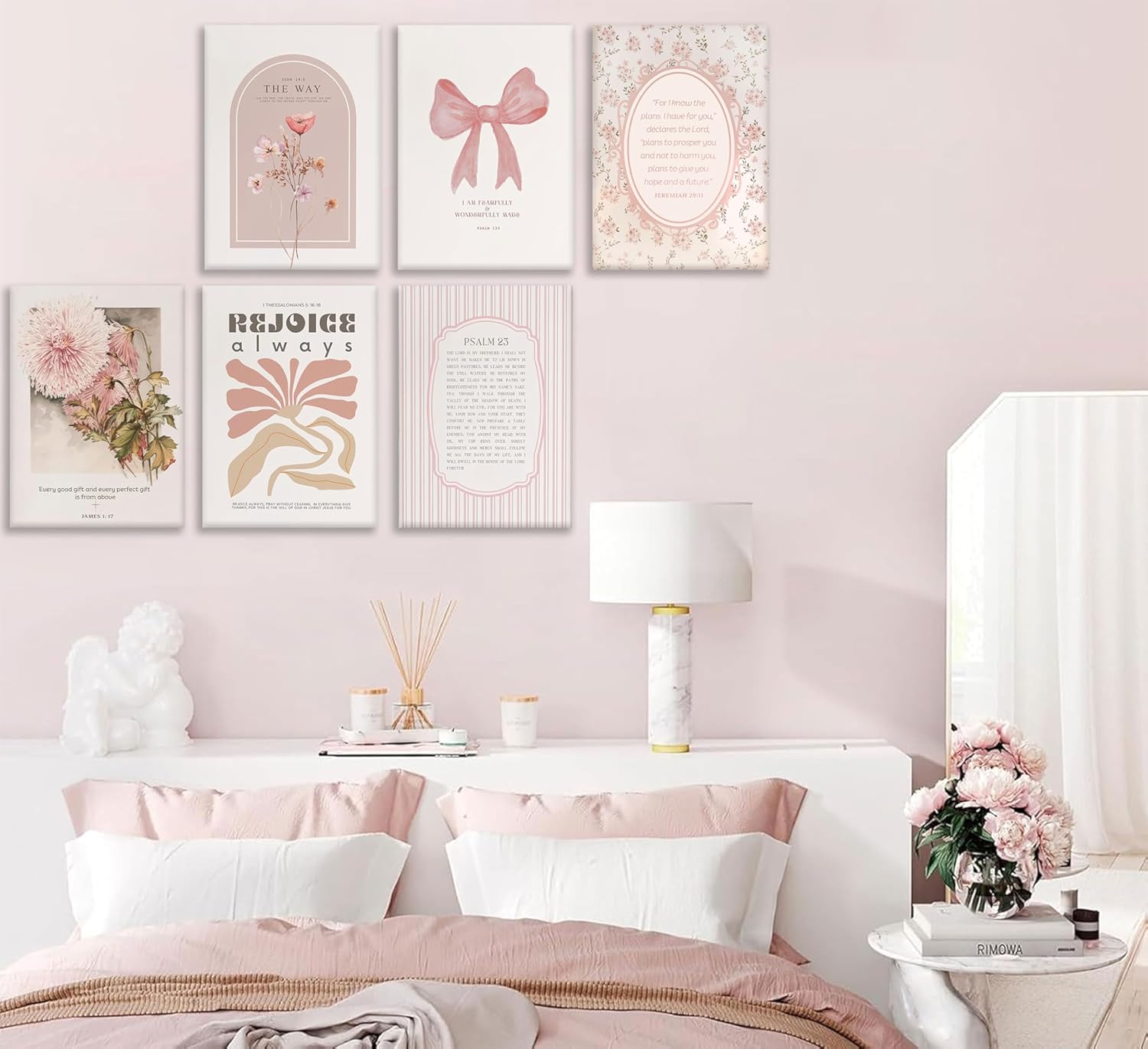 Skiennix 6-Piece Pink Christian Wall Art Set - Boho Floral Bible Verses Canvas Decor for Bedroom & Dorm