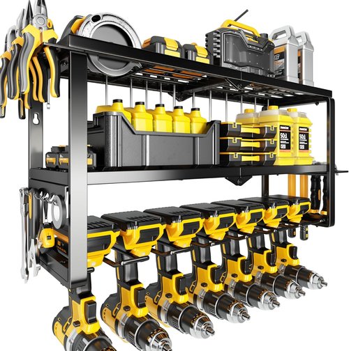 Hipidian Heavy Duty Power Tool Organizer - 300lb Capacity 3-Tier Wall Mount Rack with 7 Drill Holders