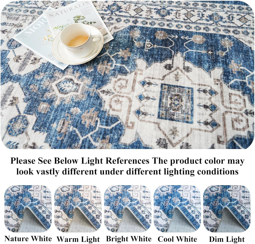 Skiennix Non-Slip Entryway Area Rug - Washable Stain Resistant Kitchen Carpet | Vintage 2x4 Blue Mat