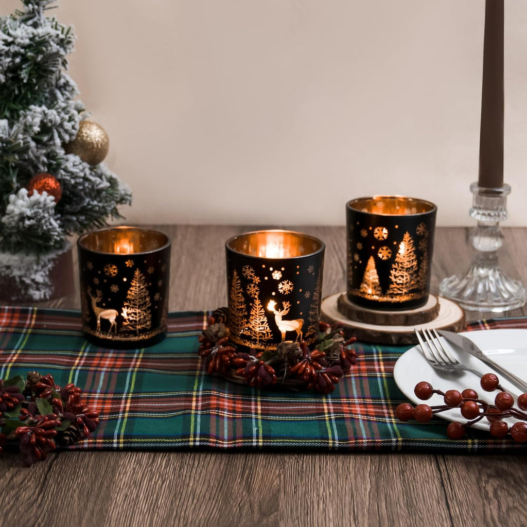 Skiennix Votive Candle Holders - Black and Gold Glass Tealight Set of 3 | Festive Elk, Tree & Snowflake Design