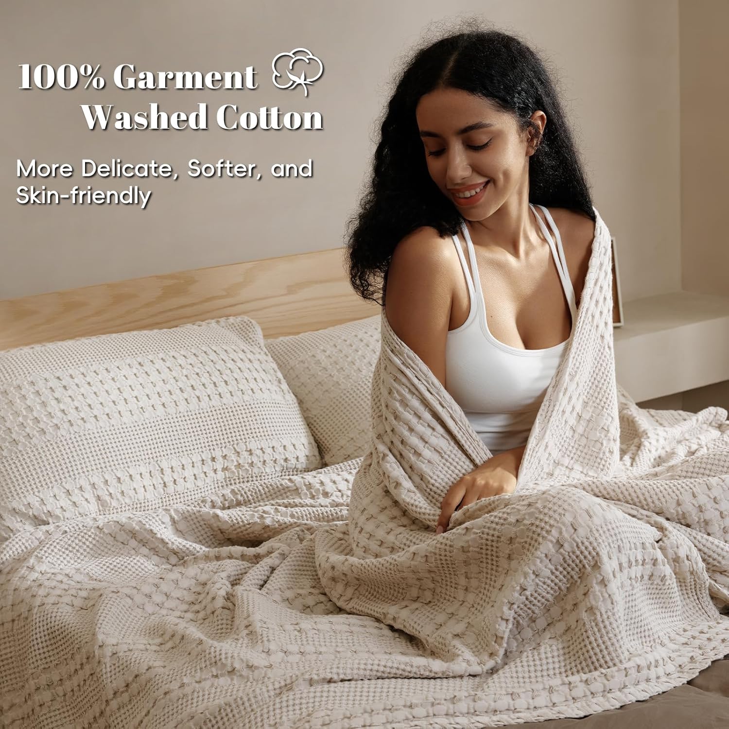 PHF 100% Cotton Waffle Weave Blanket - Soft, Lightweight & Breathable Queen Size | Luxury Home Decor, 90"x90", Light Taupe/Oatmeal
