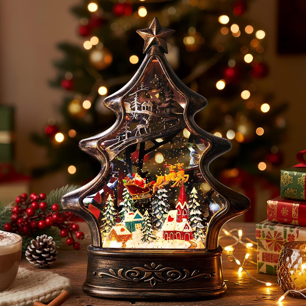 Regine Switzerland Christmas Snow Globe Lantern - Glittering Buildings & Santa's Deer | USB & Battery Operated with Music & Timer
