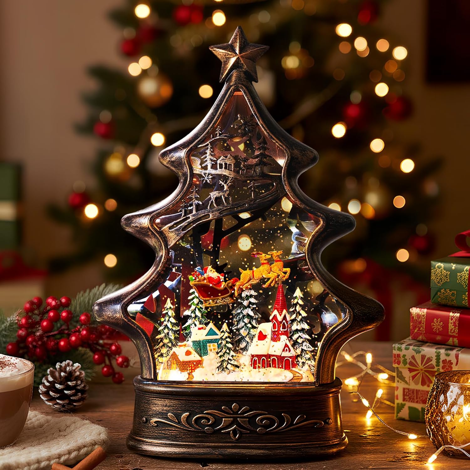 Regine Switzerland Christmas Snow Globe Lantern - Glittering Buildings & Santa's Deer | USB & Battery Operated with Music & Timer