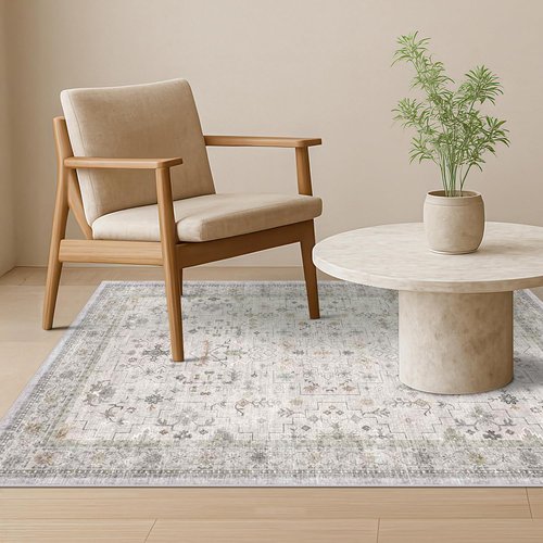 Hazo Haus Boho 4x6 Living Room Rug - Light Grey Vintage Floral Design | Washable Non-Slip Area Rug