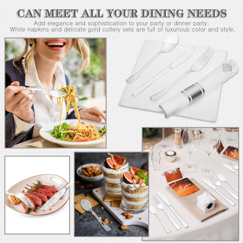 Zubebe 100 Pack Pre Rolled Silverware Set Disposable Wrapped Plastic Cutlery Set with Napkin Disposable Utensils Includes Forks Knives Spoons Napkins Wrapped for Party Dinners Wedding(Silver, White)