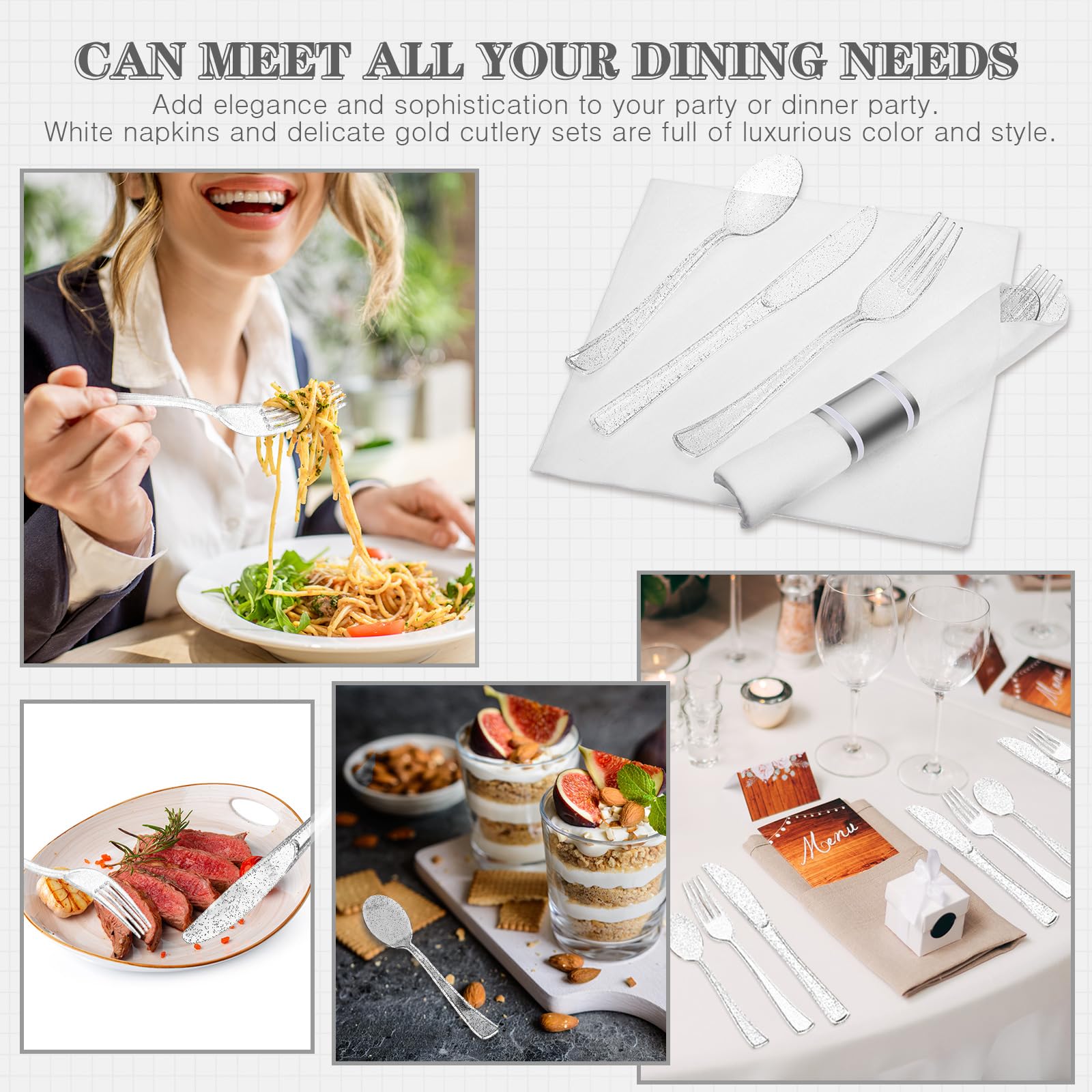 Zubebe 100 Pack Pre Rolled Silverware Set Disposable Wrapped Plastic Cutlery Set with Napkin Disposable Utensils Includes Forks Knives Spoons Napkins Wrapped for Party Dinners Wedding(Silver, White)
