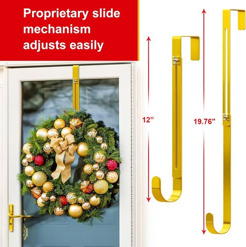 Gold Wreath Hanger - Adjustable Over The Door Hook (15-25 Inch) | Ultra-Thin Heavy Duty Metal for All Seasons