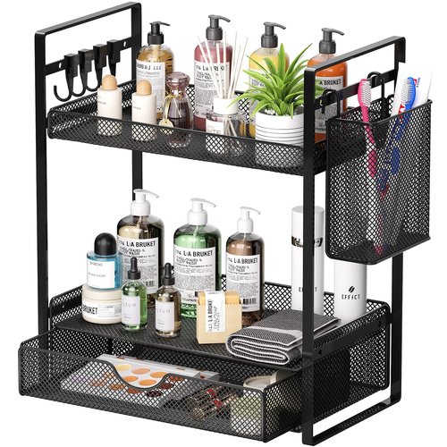 VITVITI 2 Tier Bathroom Organizer Countertop with Drawer, Metal Mesh Bathroom Counter Vanity Organizer Storage, Bath Room Sink Kitchen Spice Rack with Basket Hooks, Black