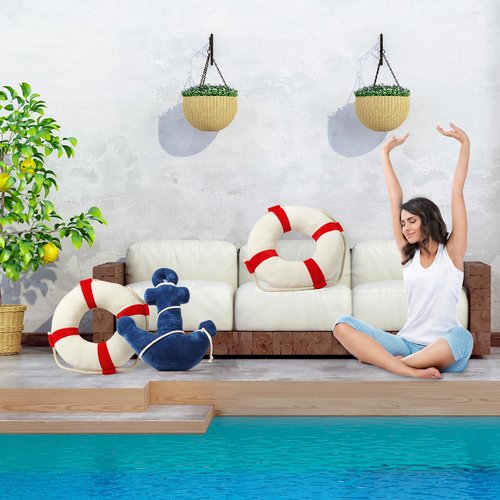 Marble Empire Life Ring Buoy Plush Pillow Nautical Decorative Throw Pillows Coastal Beach Themed Stuffed Pillow for Home Bed Couch
