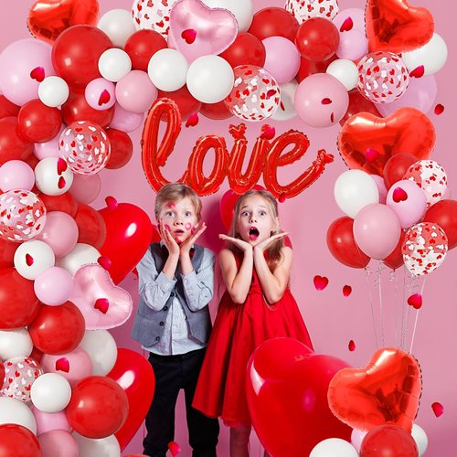 Amandir 263PCS Valentine's Day Balloon Arch Kit - Foil Love & Heart Balloons in Red, Pink, White