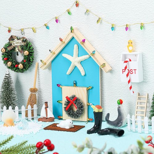Gerrii 22 Pcs Blue Christmas Fairy Door Kit - Miniature Wooden Decor for Dollhouses & Kids' Rooms