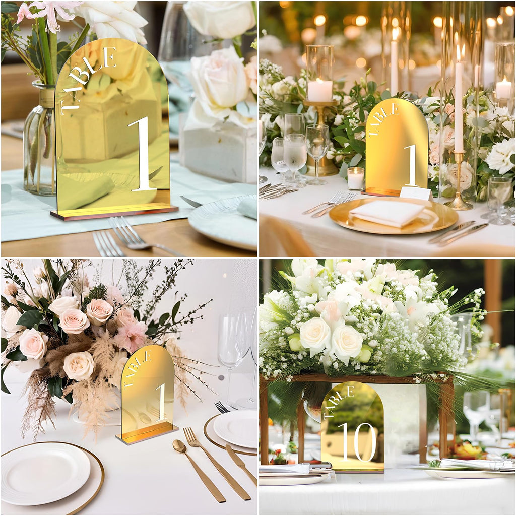 Framokoko Mirror Arched Wedding Table Numbers 1-30 with Stands, 5"x7" Double-sided Letter, Acrylic Wedding Signs Centerpiece Decoration for Wedding Reception Party (Gold, Table Numbers 1-30)
