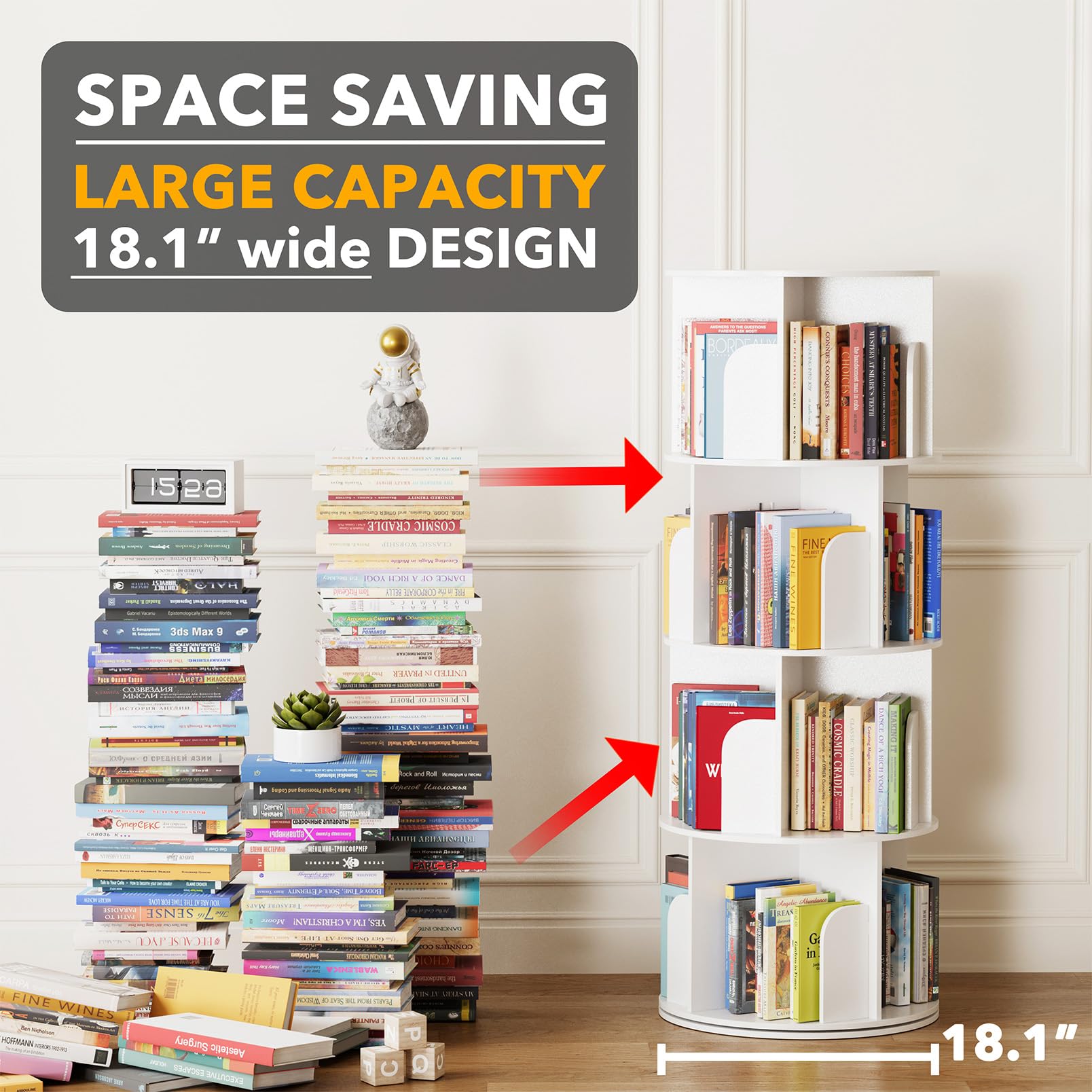 SpaceAid Cross Style 4 Tier Rotating Bookshelf, Spinning 360 Bookcase Lazy Susan Tower, Vertical Revolving Books Shelf Storage Round Carousel Space Saving Organizer, White