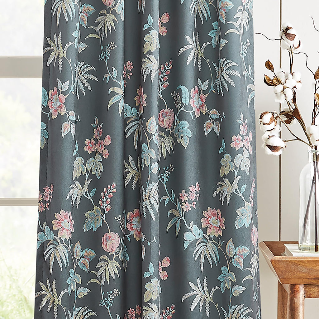 Martha Stewart Floral Curtains Room Darkening Botanical Flower Grey Back Tab Window Curtain Panel Pair, Norah, 95", Charcoal