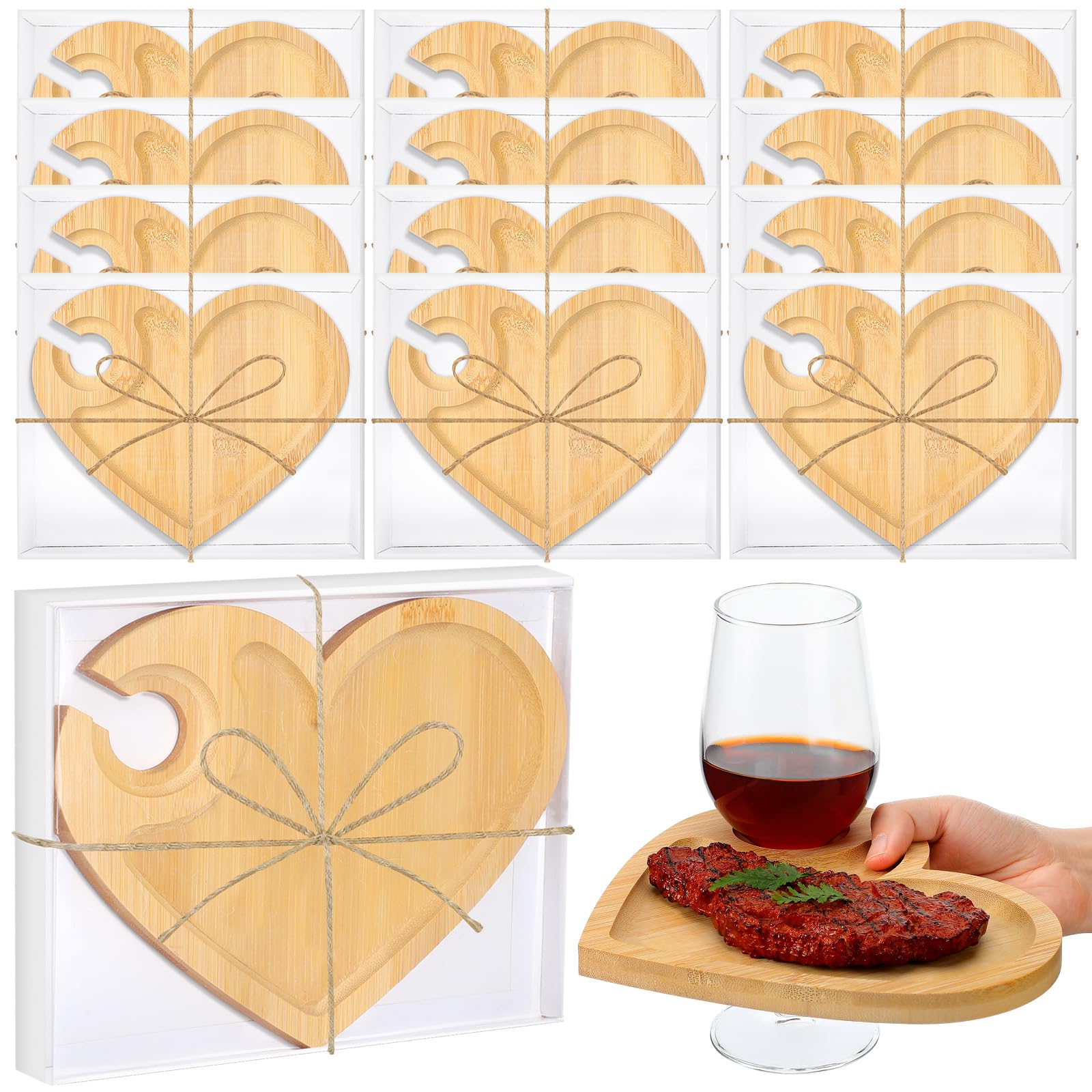 Menkxi 12 Set Wine Appetizer Plates Mini Charcuterie Boards with Wine Glass Holder and Box Gifts for Bridal Shower Game Prizes Wooden Cocktail Cheese Plate for Guests Baby Shower(Heart,Light Color)