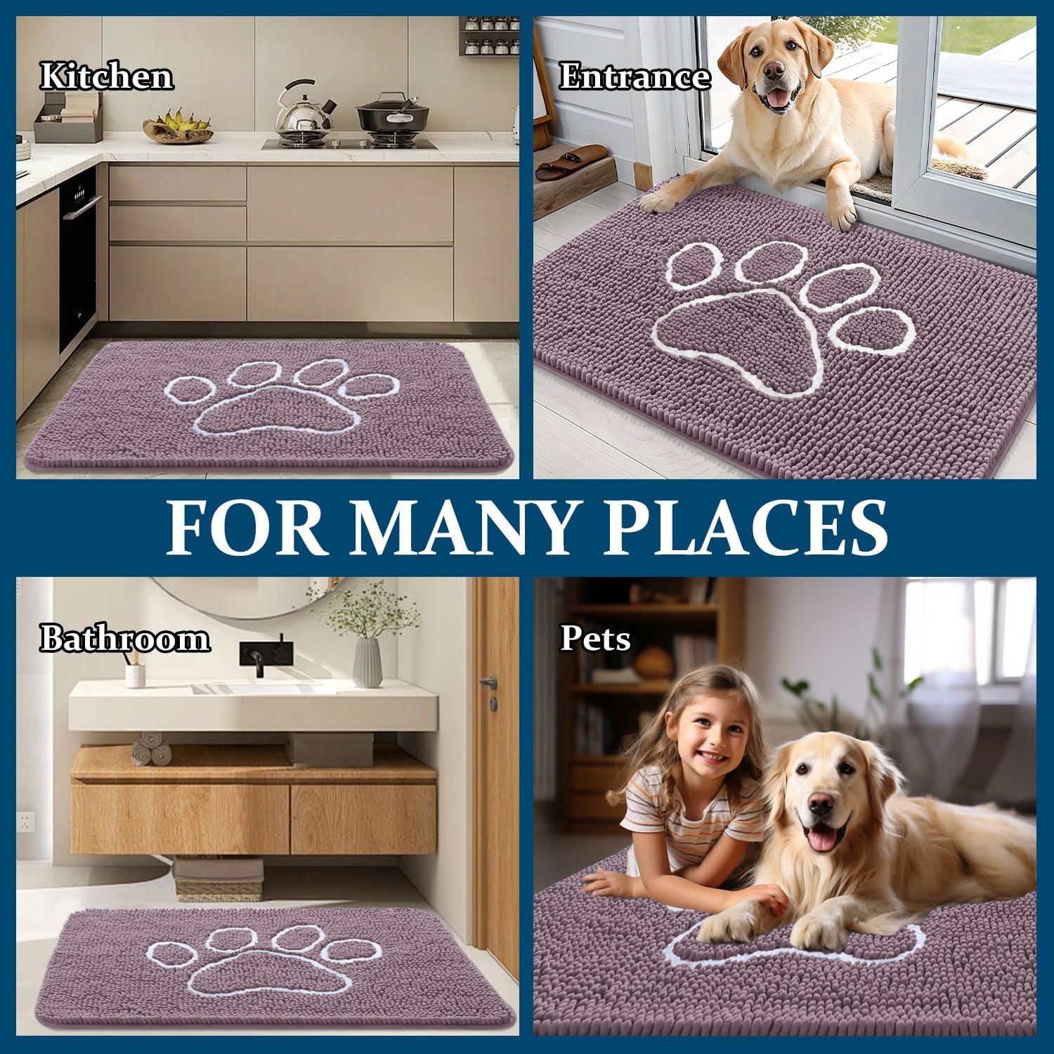 OLANLY Dog Door Mat - Absorbent Non-Slip Mud Mat for Muddy Paws | 36x24, Deep Plum Color