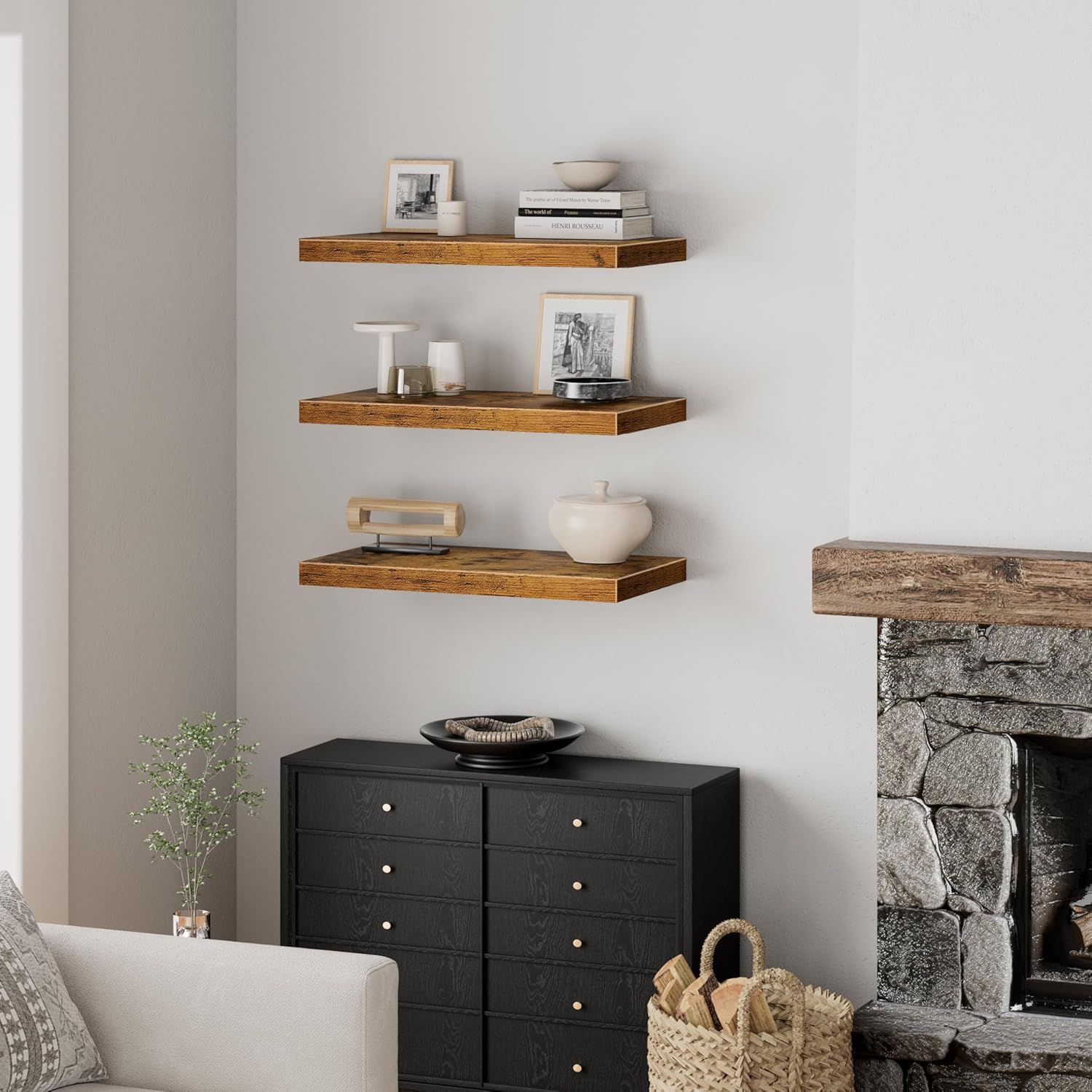 QEEIG 10" Deep Floating Shelves - Rustic Brown Wall-Mounted Bookshelf Set of 3 for Bathroom, Bedroom, Kitchen, Living Room
