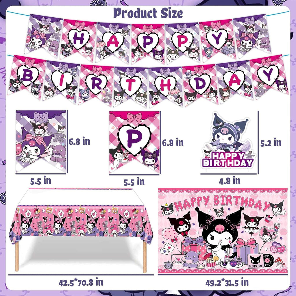 121Pieces Kuromi Birthday Party Decorations, Kids Cute Cartoon Party Supplies Include Happy Birthday Banner, Balloons, Tablecloth, Plates, Cupcake Toppers for Girls,Backdrop,