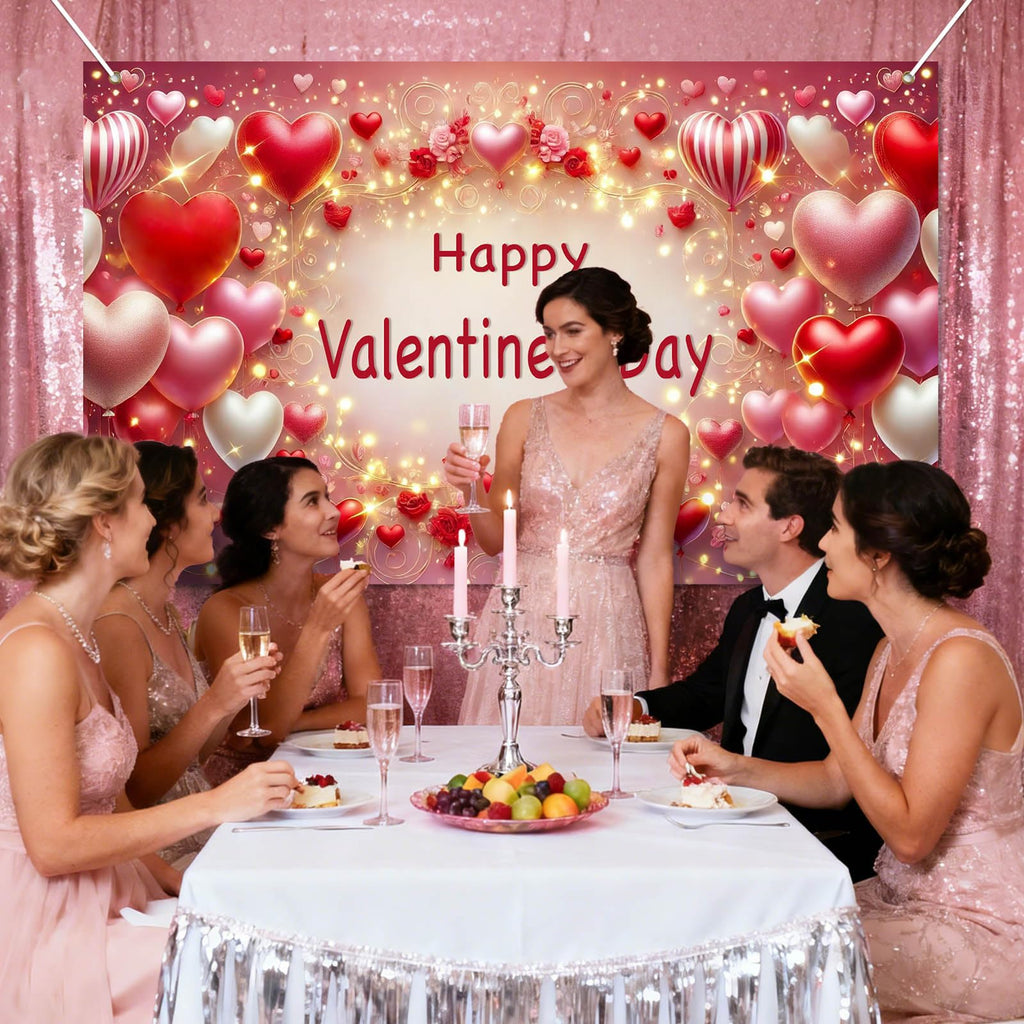 BlissYard Valentine’s Day Banner 71x43 Inches Happy Valentine Backdrop Love Heart Balloon Background Romantic Party Decoration for Valentine Celebration Anniversary Proposal Photo Booth Decor