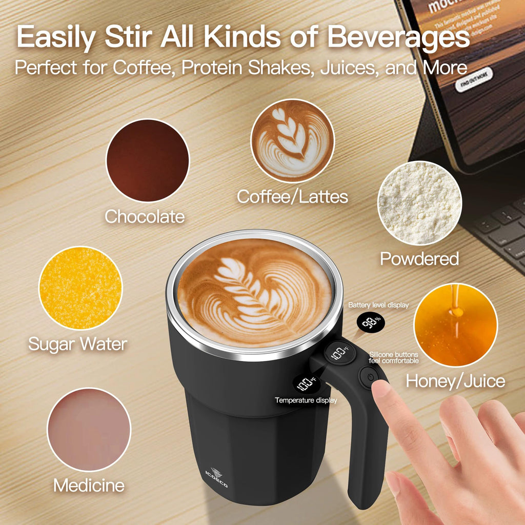 Self Stirring Mug, 12oz Electric Mixing Cup, Cream | Rechargeable, Gift for Coffee Lovers & Office Use(Black)