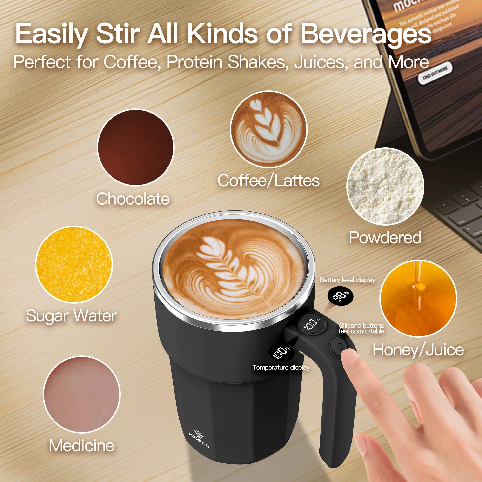 Self Stirring Mug, 12oz Electric Mixing Cup, Cream | Rechargeable, Gift for Coffee Lovers & Office Use(Black)