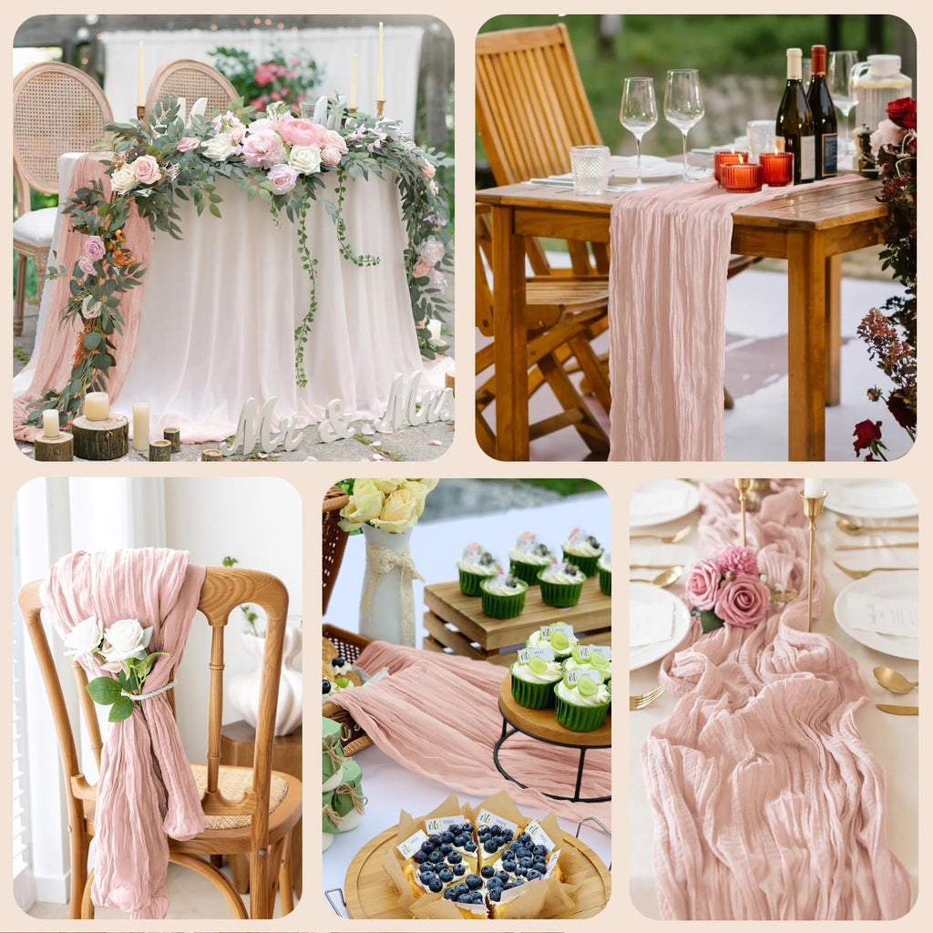 Wokceer Dusty Pink Cheesecloth Table Runner - 10FT Boho Gauze for Easter & Bridal Shower Decor | 120 Inches Long
