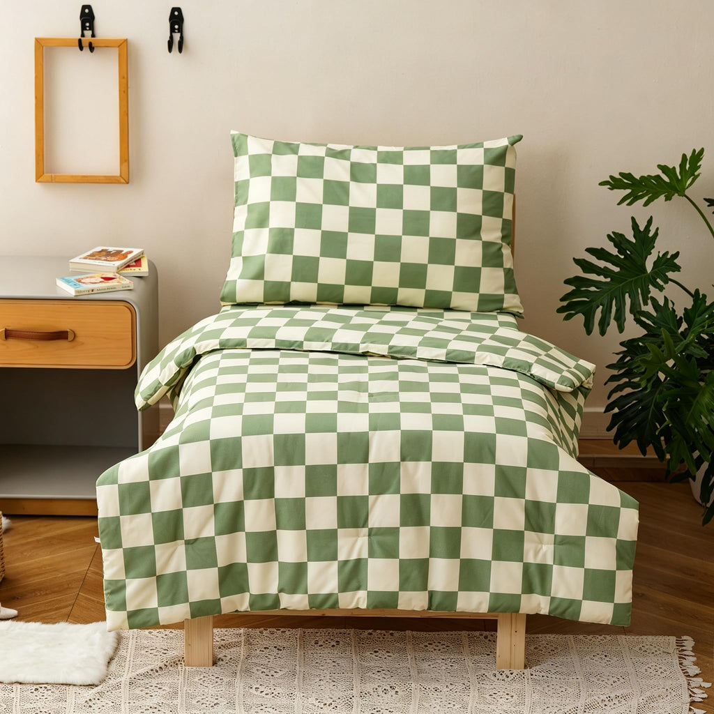 Wellboo Green White Plaid Toddler Bedding Sets for Girls Boys Sage and White Checkerboard Grid 4 Pieces Soft Crib Bed Set Including Comforter, Sheets and Pillowcase Kids Checkered Geometric Quilt
