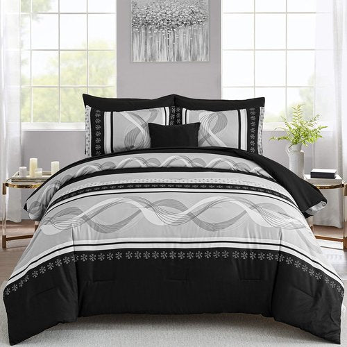 Anibedding Black Comforter Set California King Size,8 Pieces Boho Bed in a Bag Patchwork Striped Comforter Set, Soft Microfiber Bedding Set for All Season(104"x96")