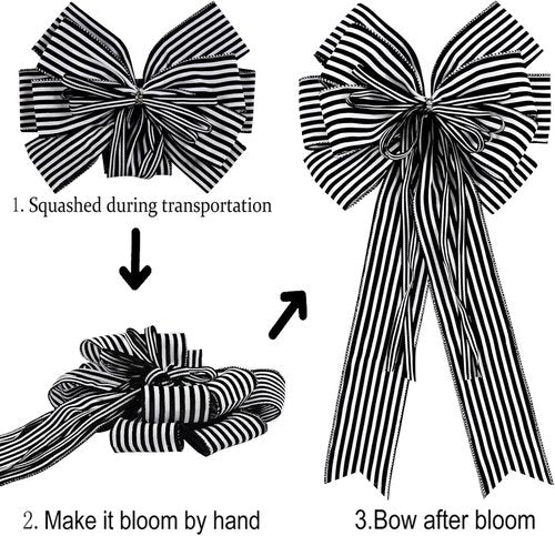Hongsome Halloween Bows - 2 Pack Black & White Stripe Decor for Wreaths & Tree Toppers | 12” x 20”