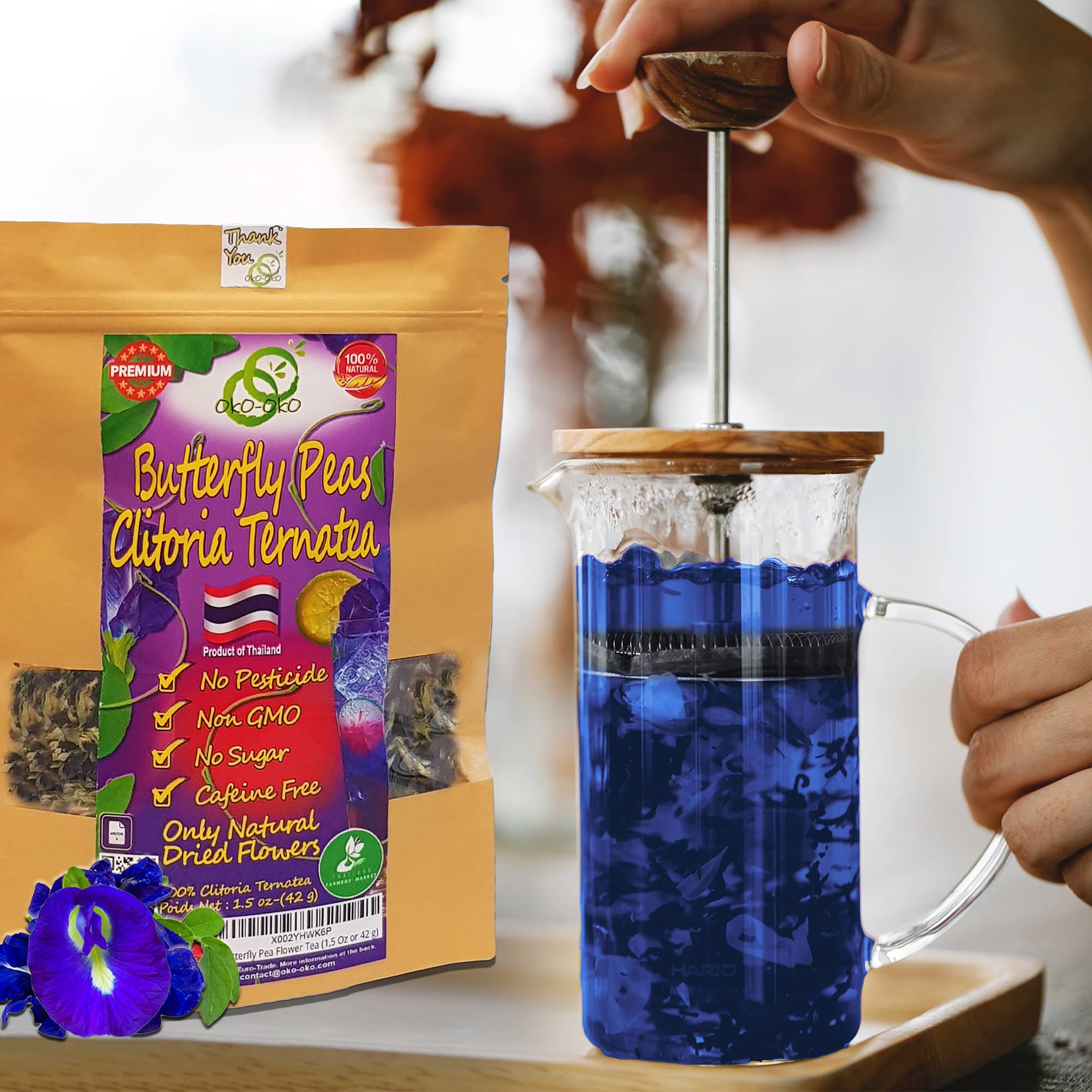 Butterfly Pea Tea 35.27 Oz / 1 kg | OkO-OkO - Premium - WHOLE DRIED FLOWER from Thailand - Blue natural infusion - Herbal tea - Organic Vegan food coloring - Natural color changing cocktail and meal