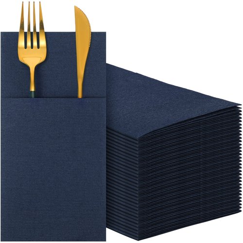 Cindeer 150 Pcs Navy Blue Linen Dinner Feel Napkins with Built in Flatware Pocket Prefolded Paper Disposable Airlaid Guest Hand Towel for Silverware Wedding Reception Christmas Baby Shower