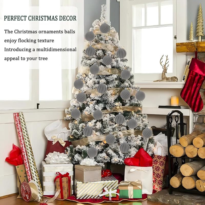 Artmag Grey 2.36 Inch 16 Pcs Velvet Flocked Christmas Balls Ornaments Set