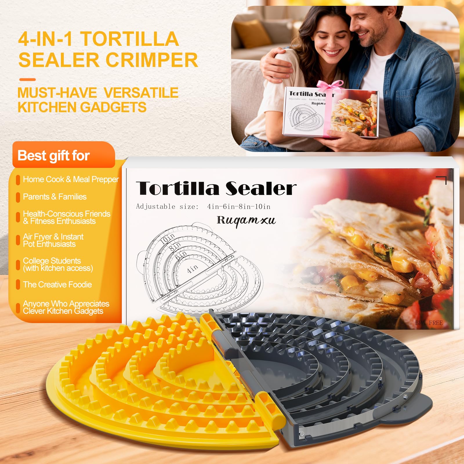 Updated 4-in-1 Tortilla Sealer Crimper, Adjustable 4"+6"+8"+10" Tortilla Press Quesadilla Sealer, Double Leak-Proof Design for Perfect Sealed Burritos, Tacos and Creative DIY Cooking,for Mother's Day