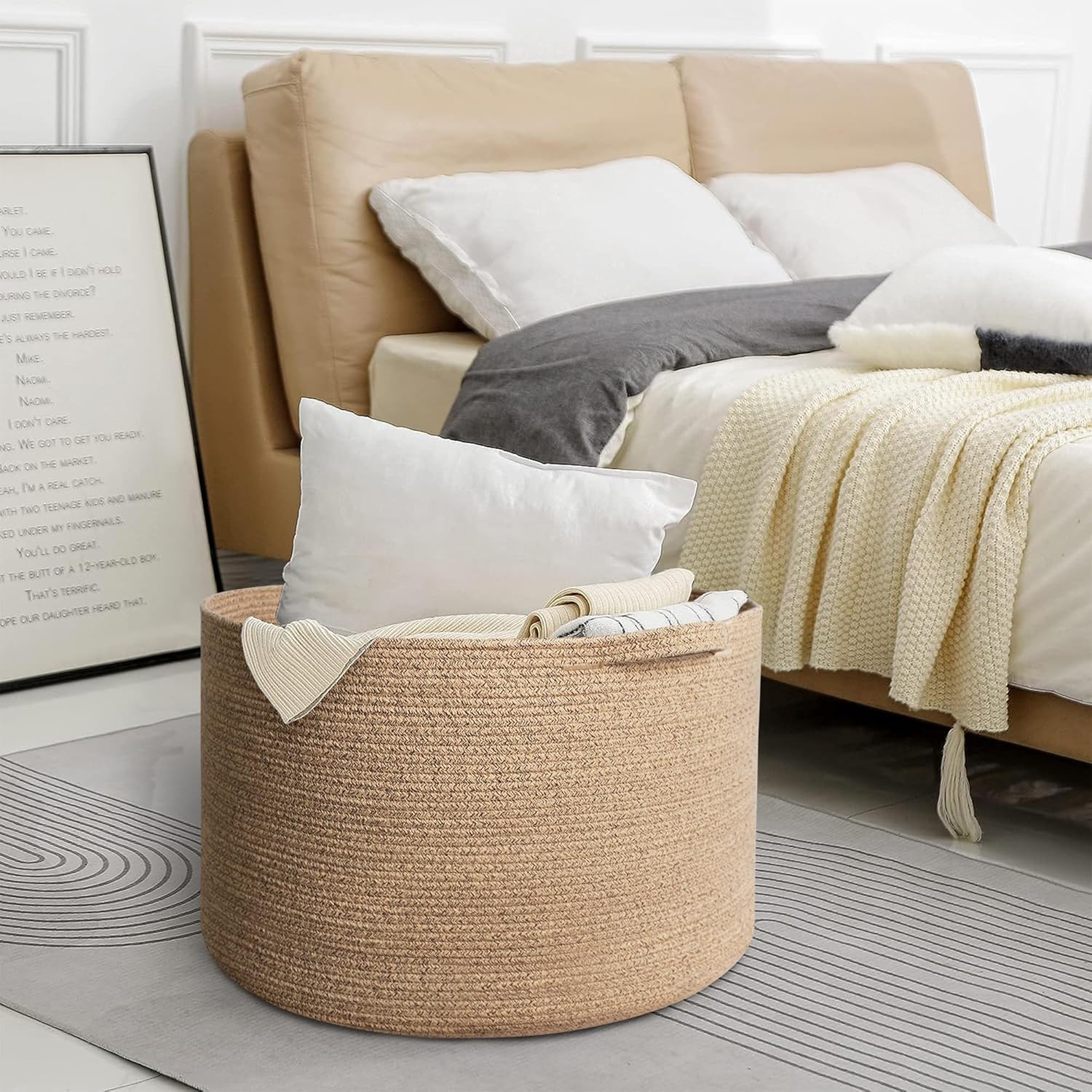 MEGASKET Large Wicker Storage Basket - 22” X 22” X 14” Cotton Rope Organizer for Kids & Pets | Brown Variegated Design