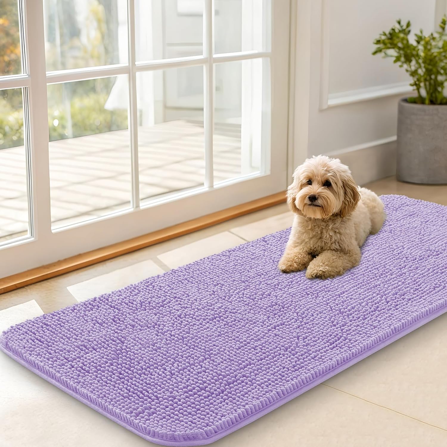 OLANLY Dog Door Mat - Absorbent Non-Slip Washable Doormat for Muddy Paws | 47x20, Quick Dry Chenille, Lavender