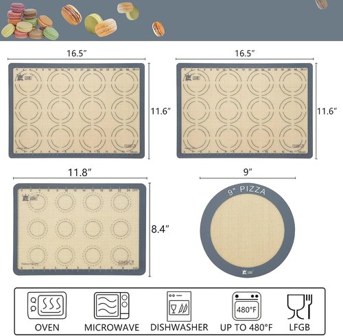 GUANCI Silicone Baking Mat Set - Non-Stick Reusable Bakeware for Pizza, Macarons, Cookies | Grey, Set of 4